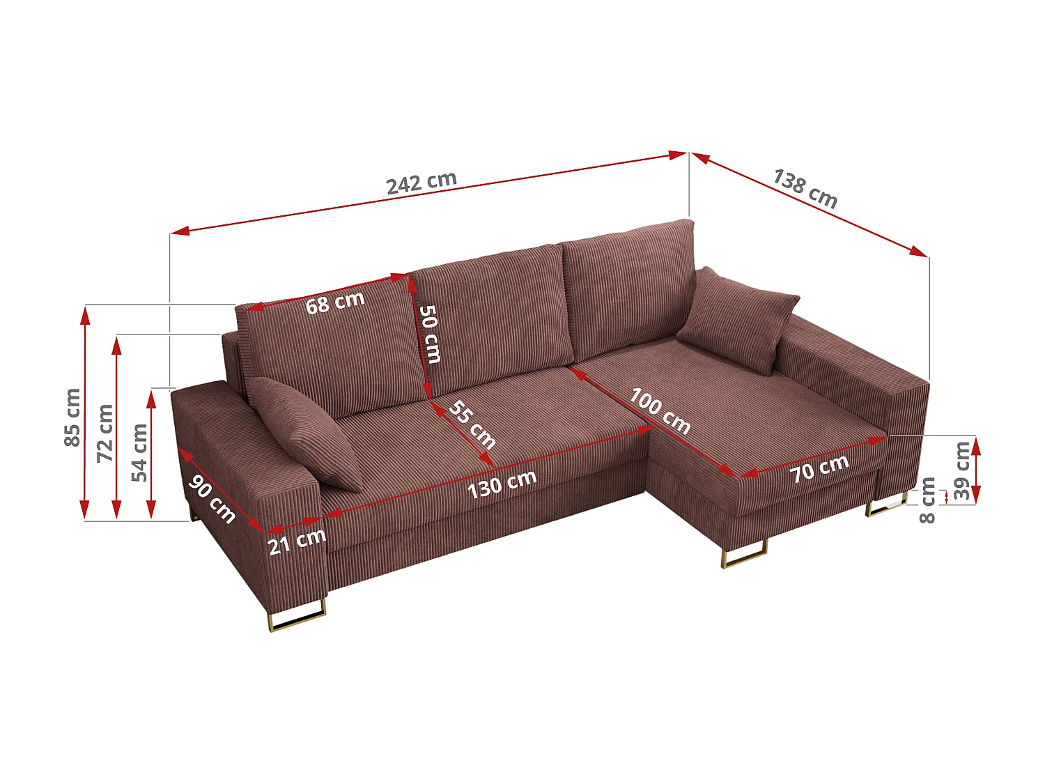Ecksofa DORIAN - schlaffunktion und Bettkasten, lose Kissen - Braun Cord