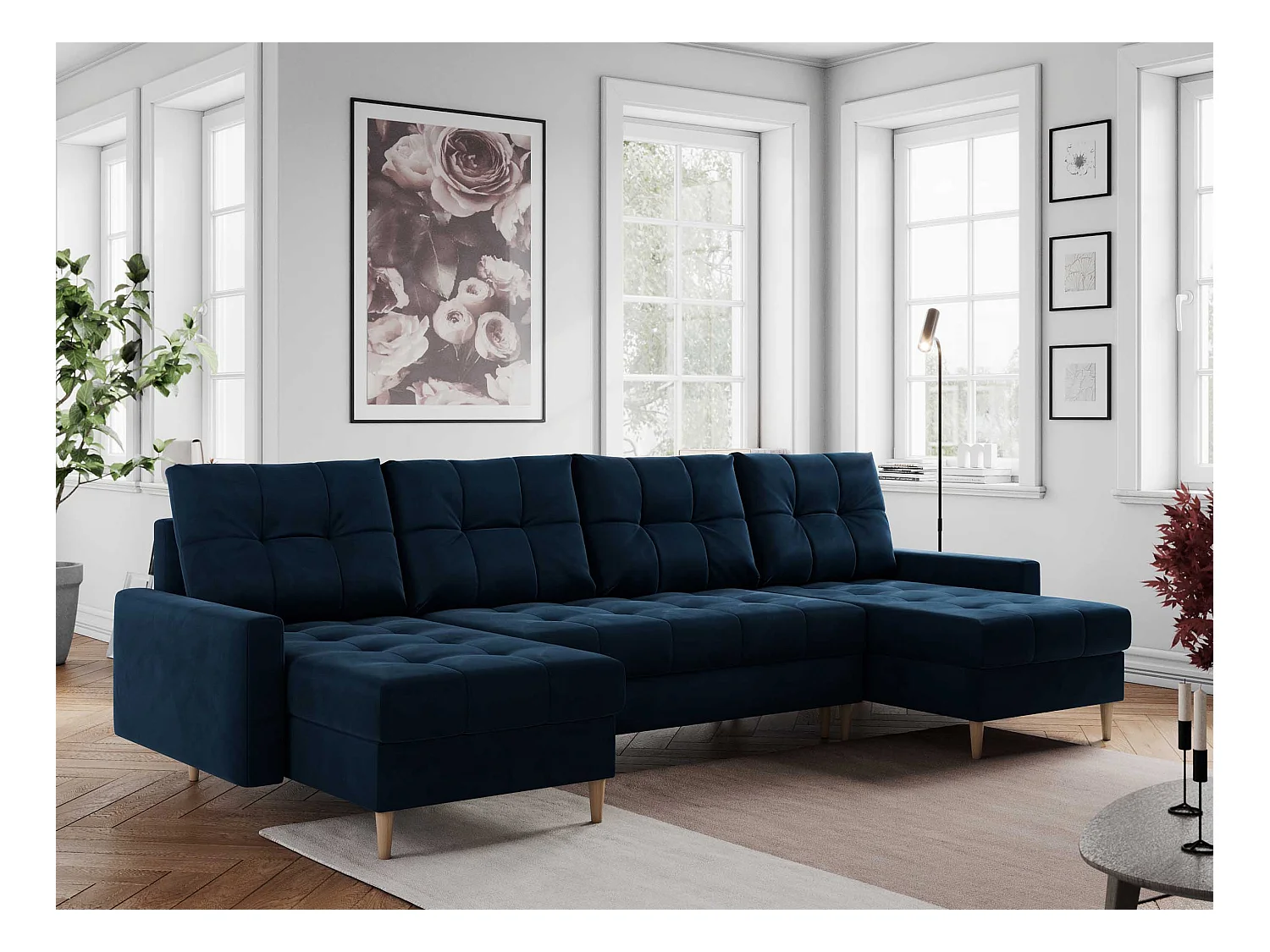Ecksofa COLIN U mit Bettfunktion - skandinavisches design, lose Kissen - Dunkelblau Velvet