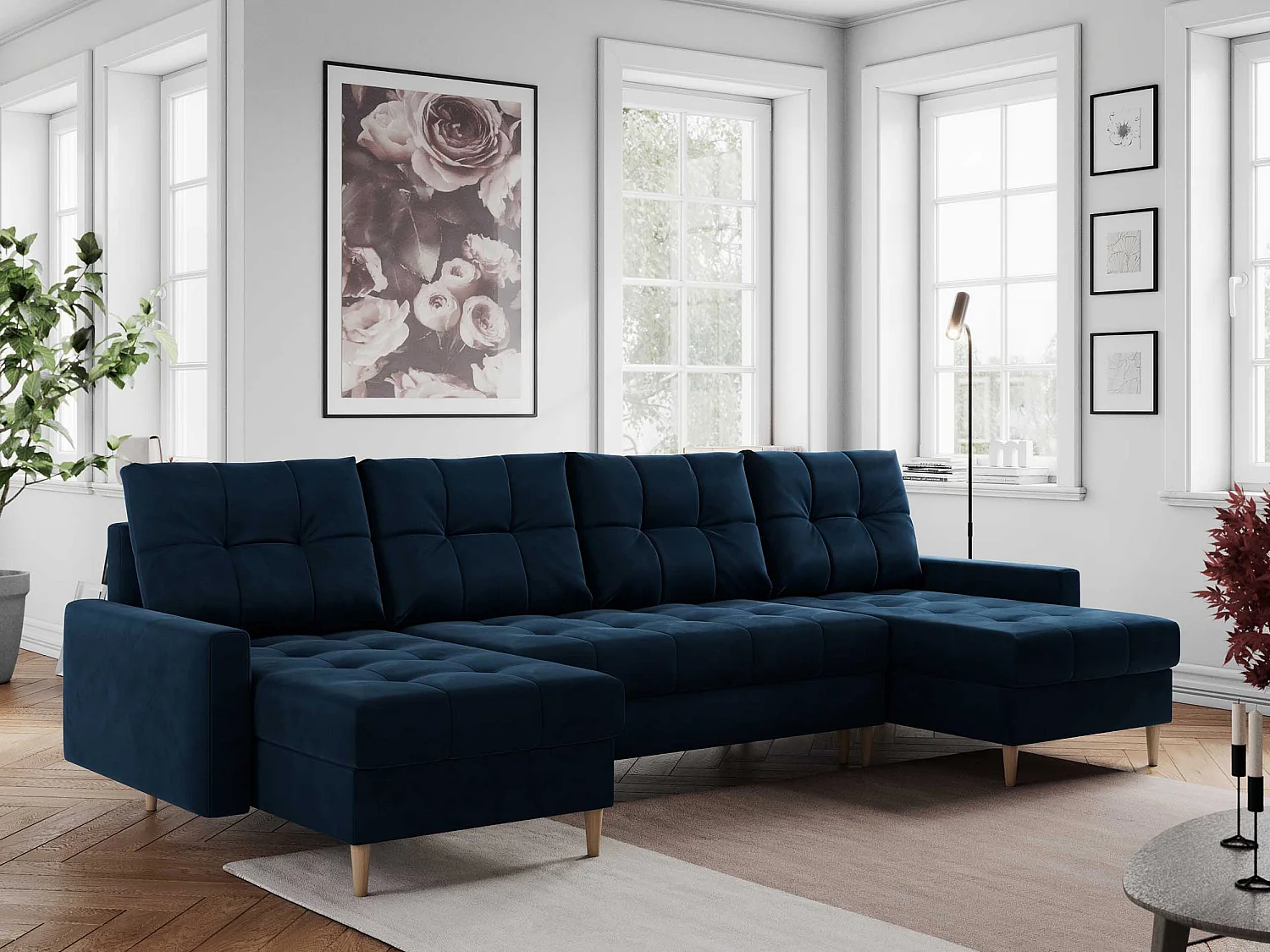 Ecksofa COLIN U mit Bettfunktion - skandinavisches design, lose Kissen - Dunkelblau Velvet