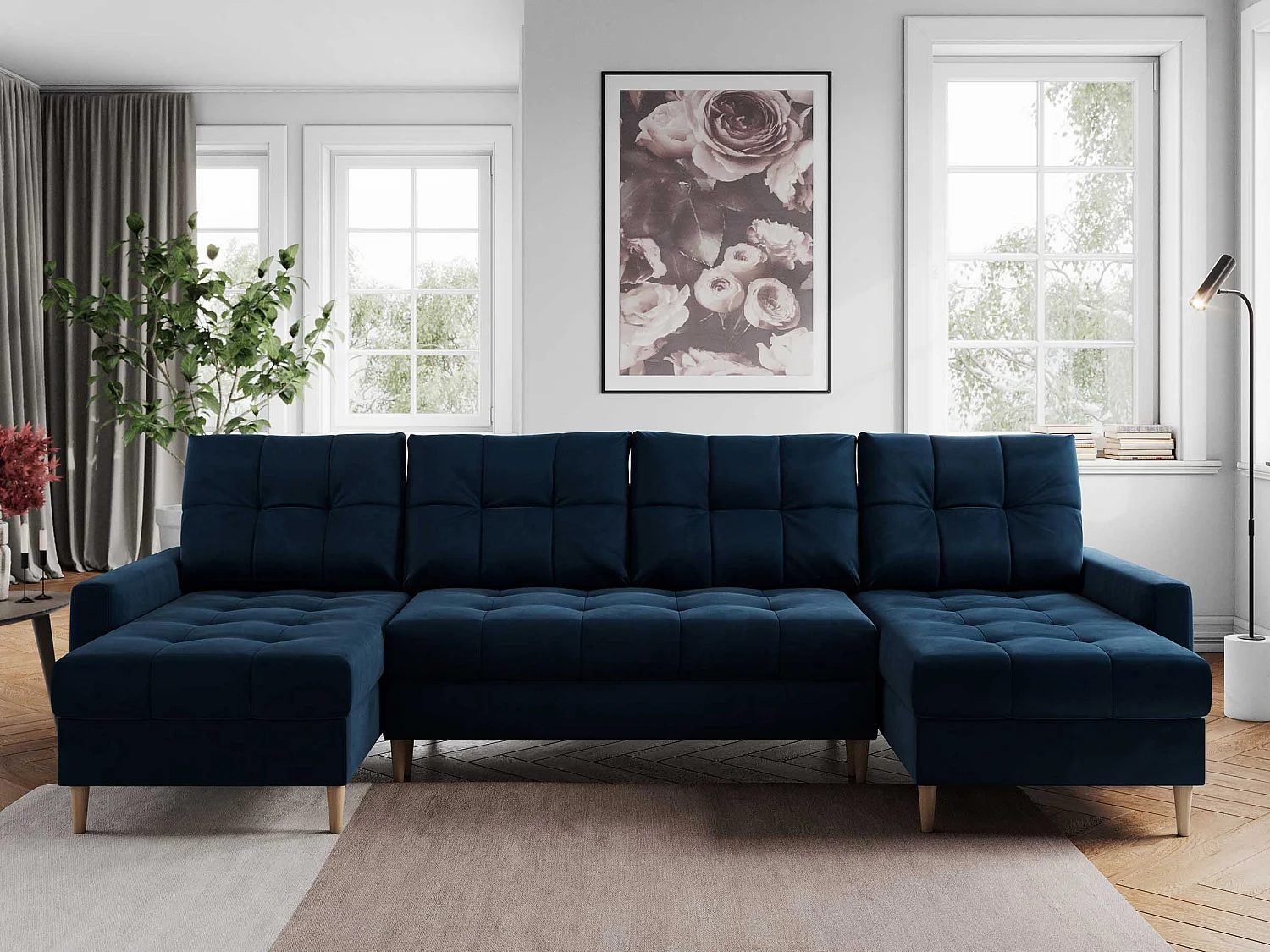 Ecksofa COLIN U mit Bettfunktion - skandinavisches design, lose Kissen - Dunkelblau Velvet