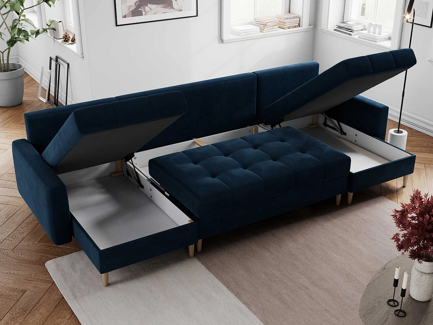 Ecksofa COLIN U mit Bettfunktion - skandinavisches design, lose Kissen - Dunkelblau Velvet