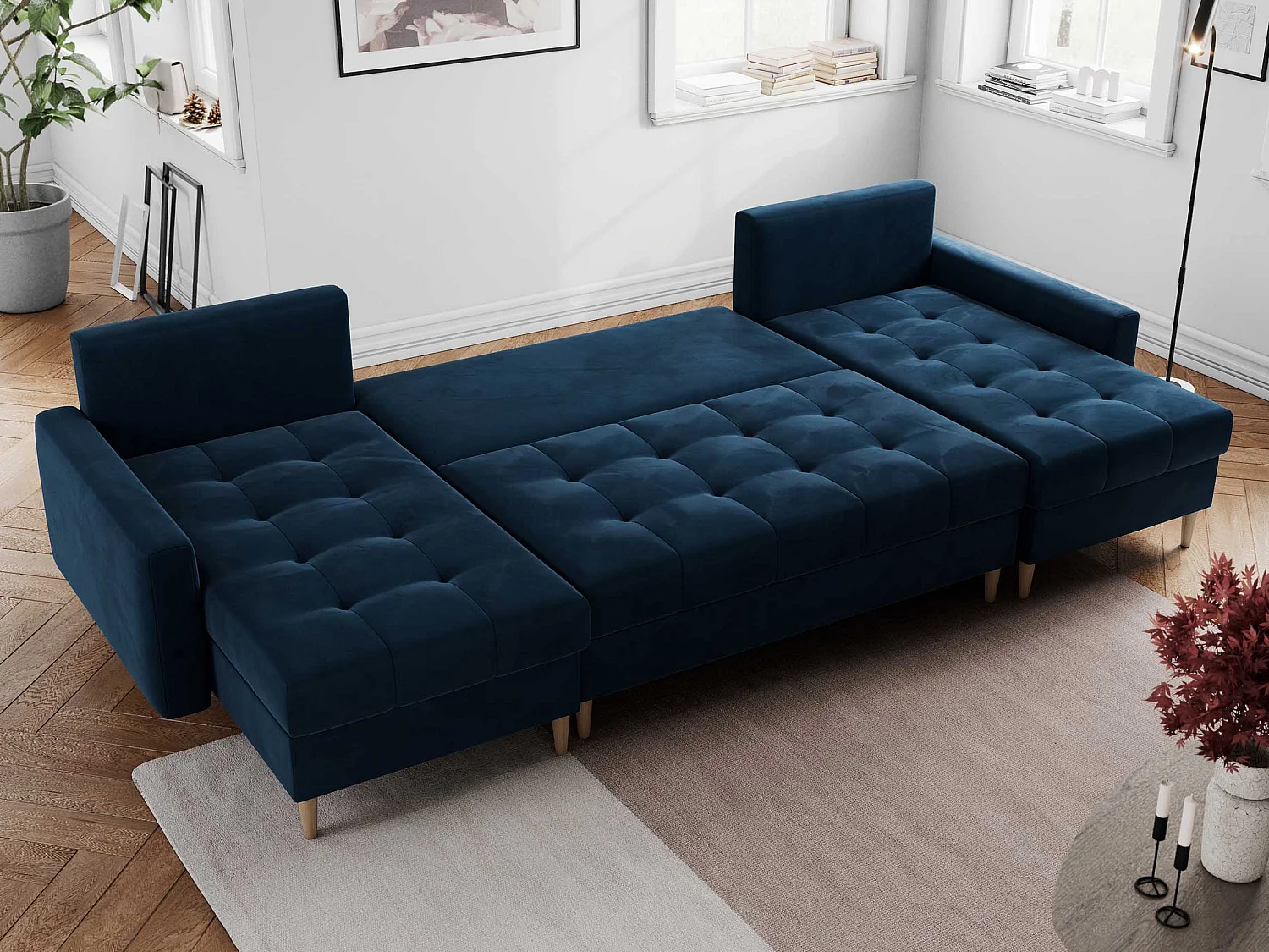 Ecksofa COLIN U mit Bettfunktion - skandinavisches design, lose Kissen - Dunkelblau Velvet