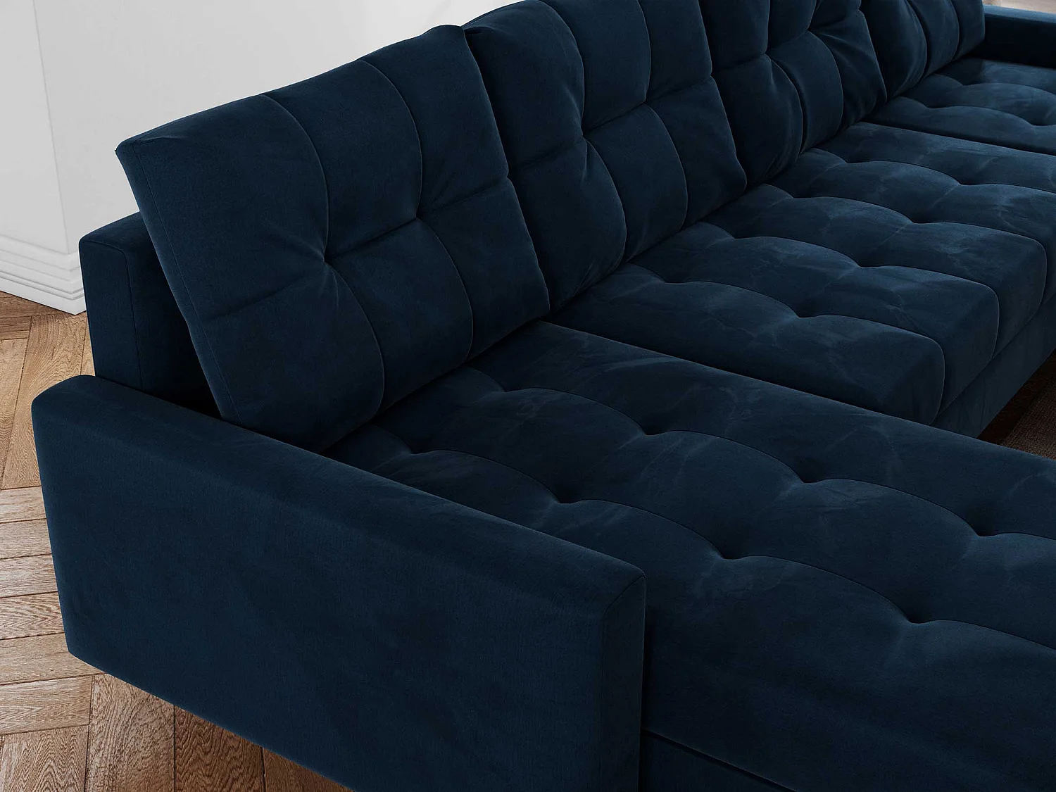 Ecksofa COLIN U mit Bettfunktion - skandinavisches design, lose Kissen - Dunkelblau Velvet