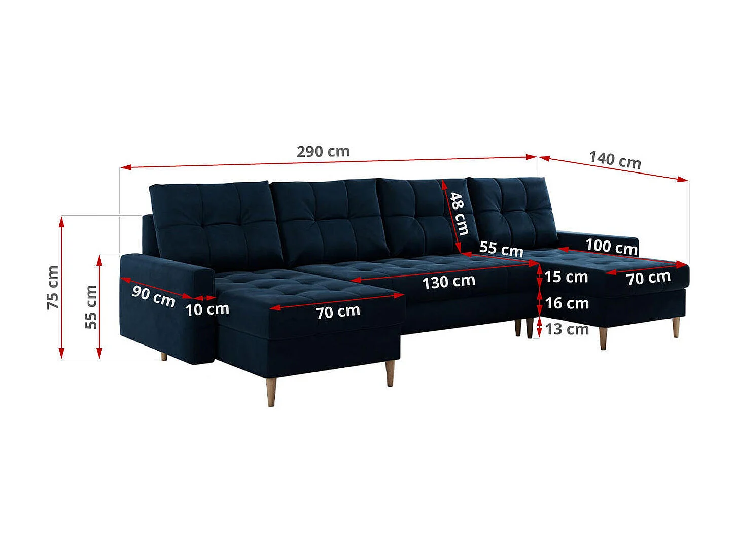 Ecksofa COLIN U mit Bettfunktion - skandinavisches design, lose Kissen - Dunkelblau Velvet