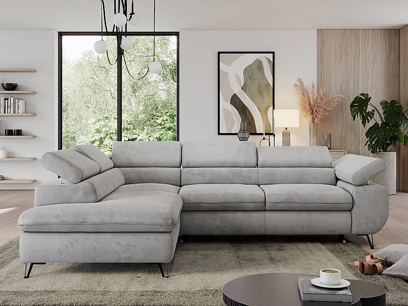 Ecksofa PEDRO - L-Form mit Schlaffunktion 200x125 cm, verstellbaren Kopfstützen - Hellgrau Velvet - Ecke Links