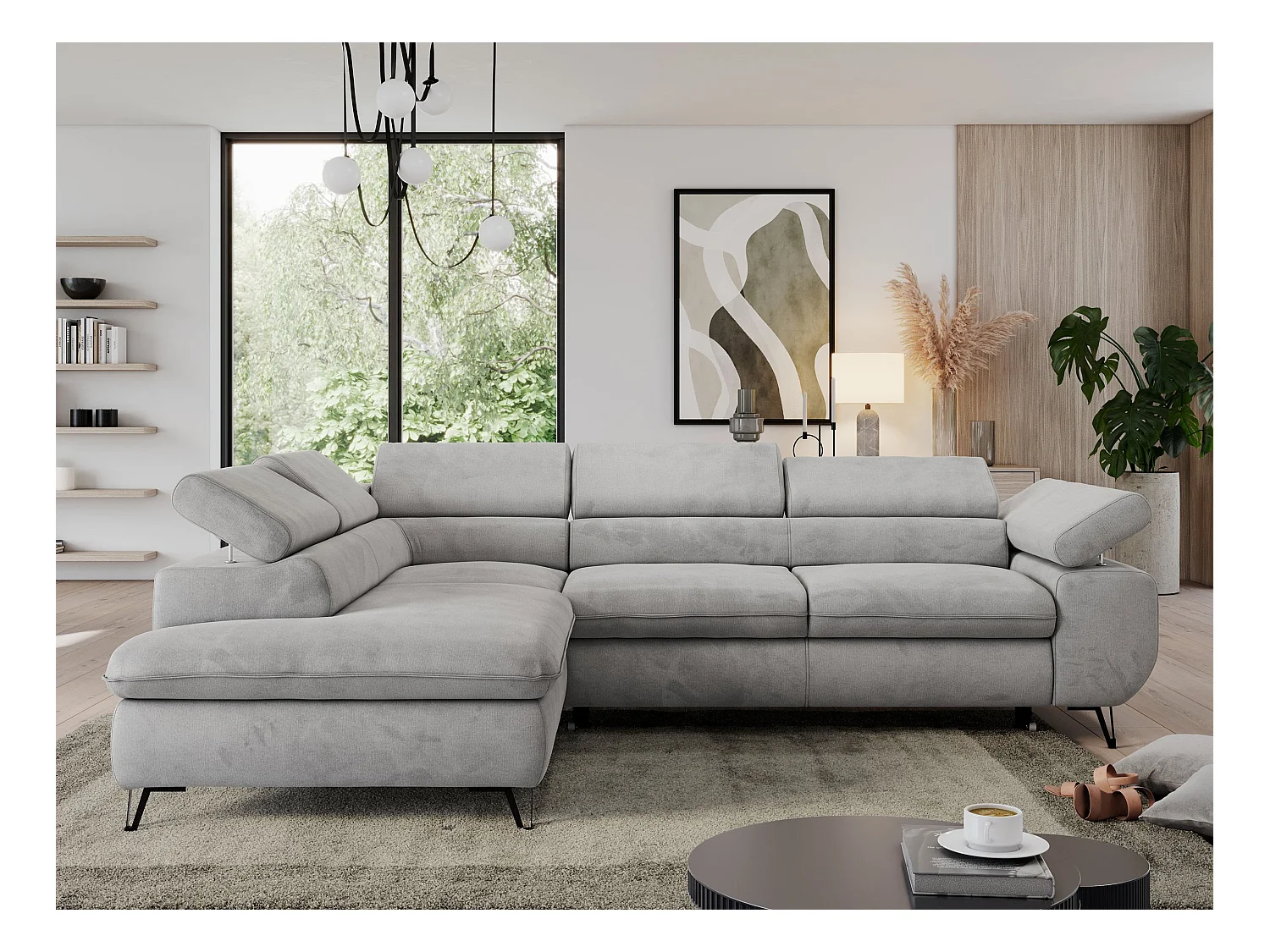 Ecksofa PEDRO - L-Form mit Schlaffunktion 200x125 cm, verstellbaren Kopfstützen - Hellgrau Velvet - Ecke Links