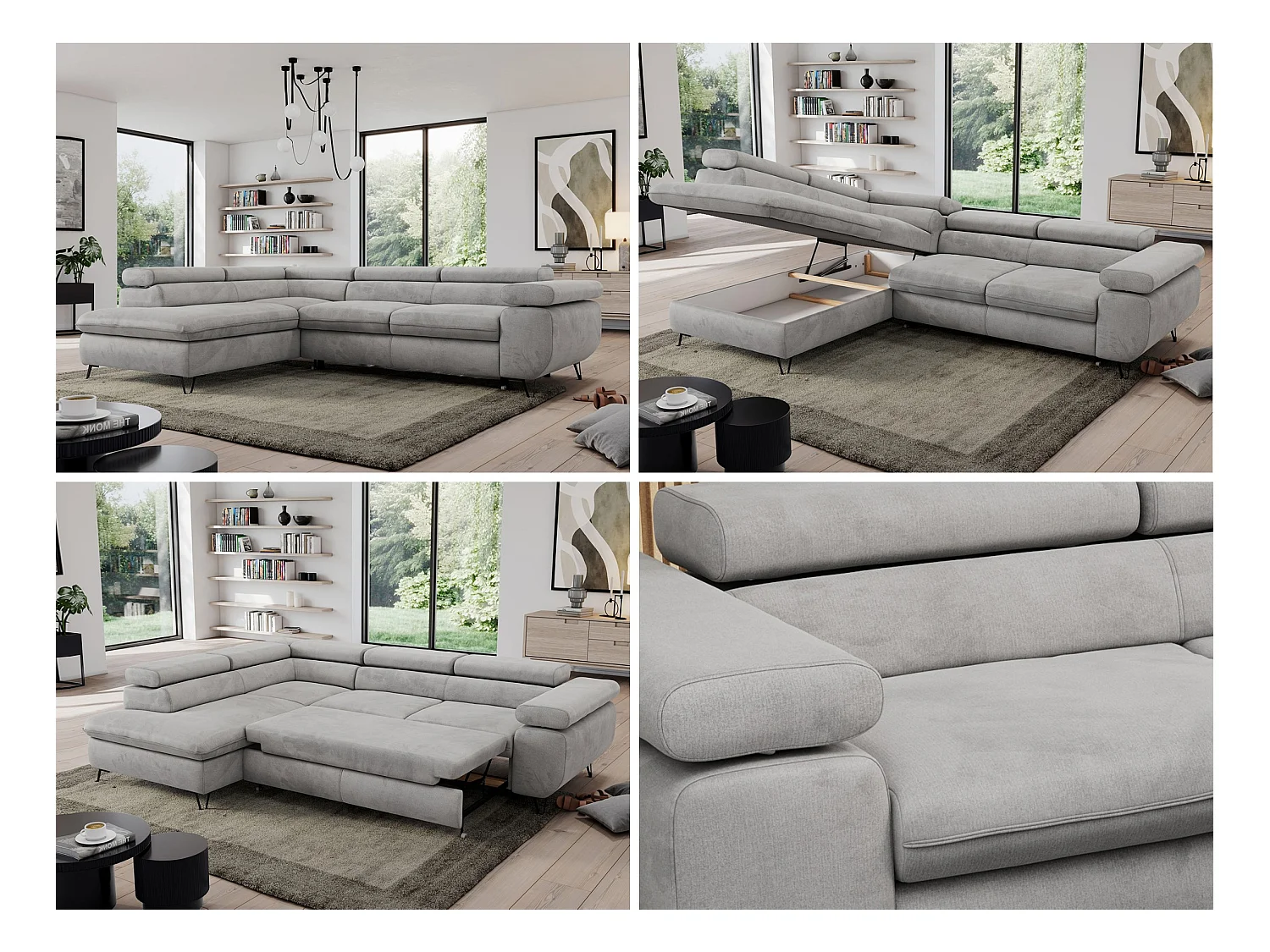 Ecksofa PEDRO - L-Form mit Schlaffunktion 200x125 cm, verstellbaren Kopfstützen - Hellgrau Velvet - Ecke Links