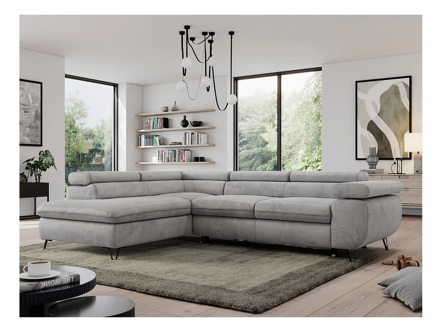 Ecksofa PEDRO - L-Form mit Schlaffunktion 200x125 cm, verstellbaren Kopfstützen - Hellgrau Velvet - Ecke Links