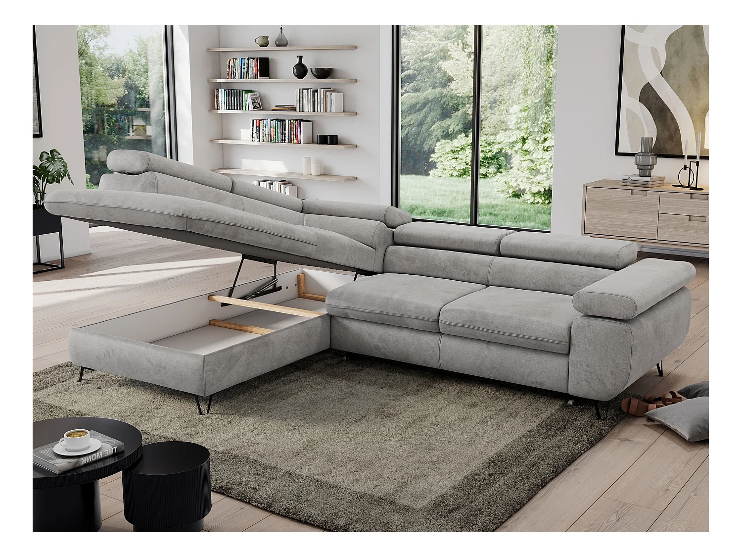 Ecksofa PEDRO - L-Form mit Schlaffunktion 200x125 cm, verstellbaren Kopfstützen - Hellgrau Velvet - Ecke Links