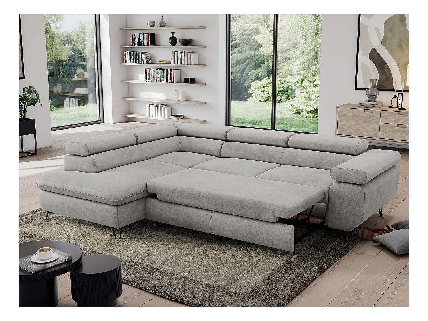 Ecksofa PEDRO - L-Form mit Schlaffunktion 200x125 cm, verstellbaren Kopfstützen - Hellgrau Velvet - Ecke Links