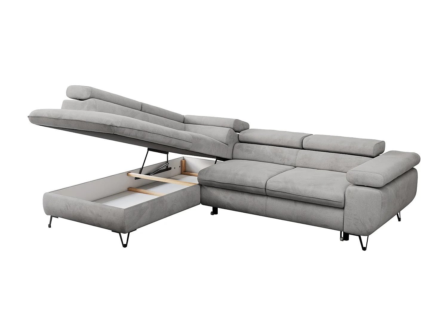 Ecksofa PEDRO - L-Form mit Schlaffunktion 200x125 cm, verstellbaren Kopfstützen - Hellgrau Velvet - Ecke Links
