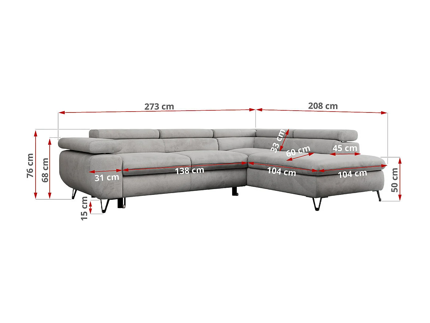 Ecksofa PEDRO - L-Form mit Schlaffunktion 200x125 cm, verstellbaren Kopfstützen - Hellgrau Velvet - Ecke Links