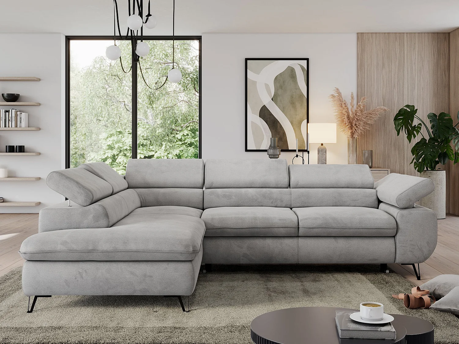 Ecksofa PEDRO - L-Form mit Schlaffunktion 200x125 cm, verstellbaren Kopfstützen - Hellgrau Velvet - Ecke Links