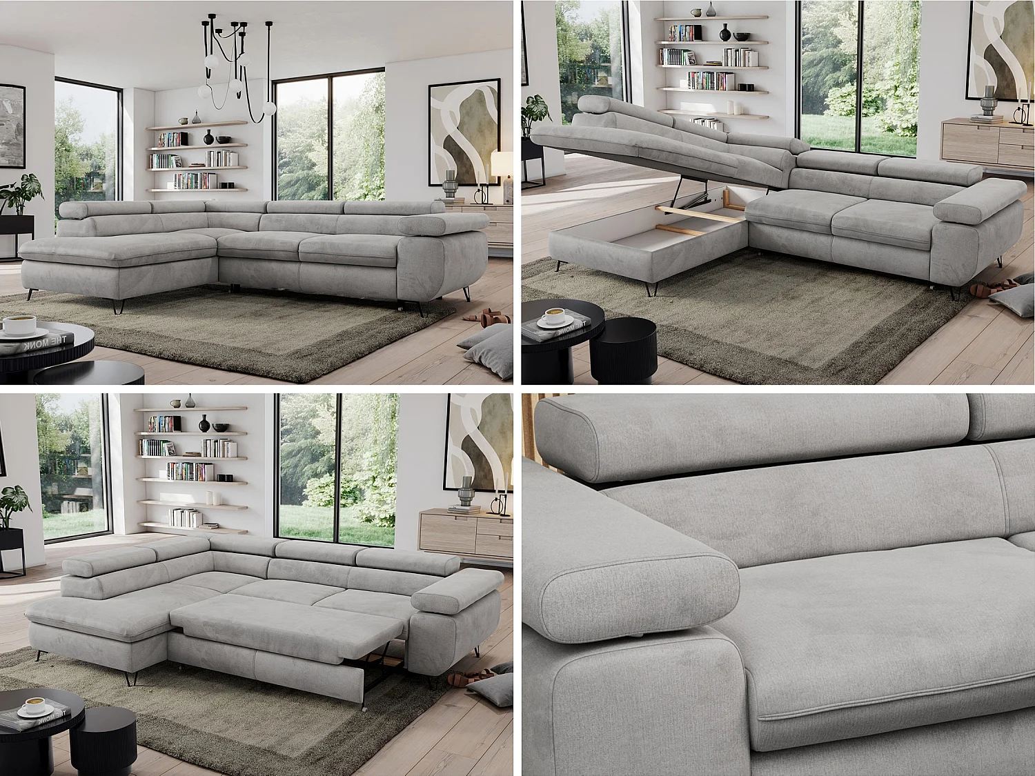 Ecksofa PEDRO - L-Form mit Schlaffunktion 200x125 cm, verstellbaren Kopfstützen - Hellgrau Velvet - Ecke Links