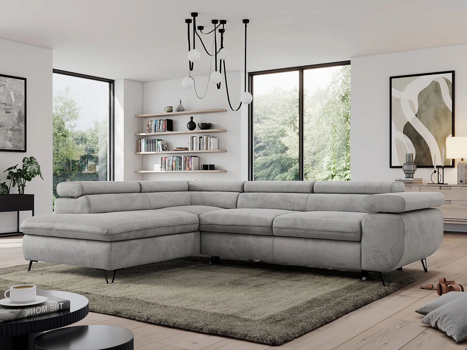 Ecksofa PEDRO - L-Form mit Schlaffunktion 200x125 cm, verstellbaren Kopfstützen - Hellgrau Velvet - Ecke Links