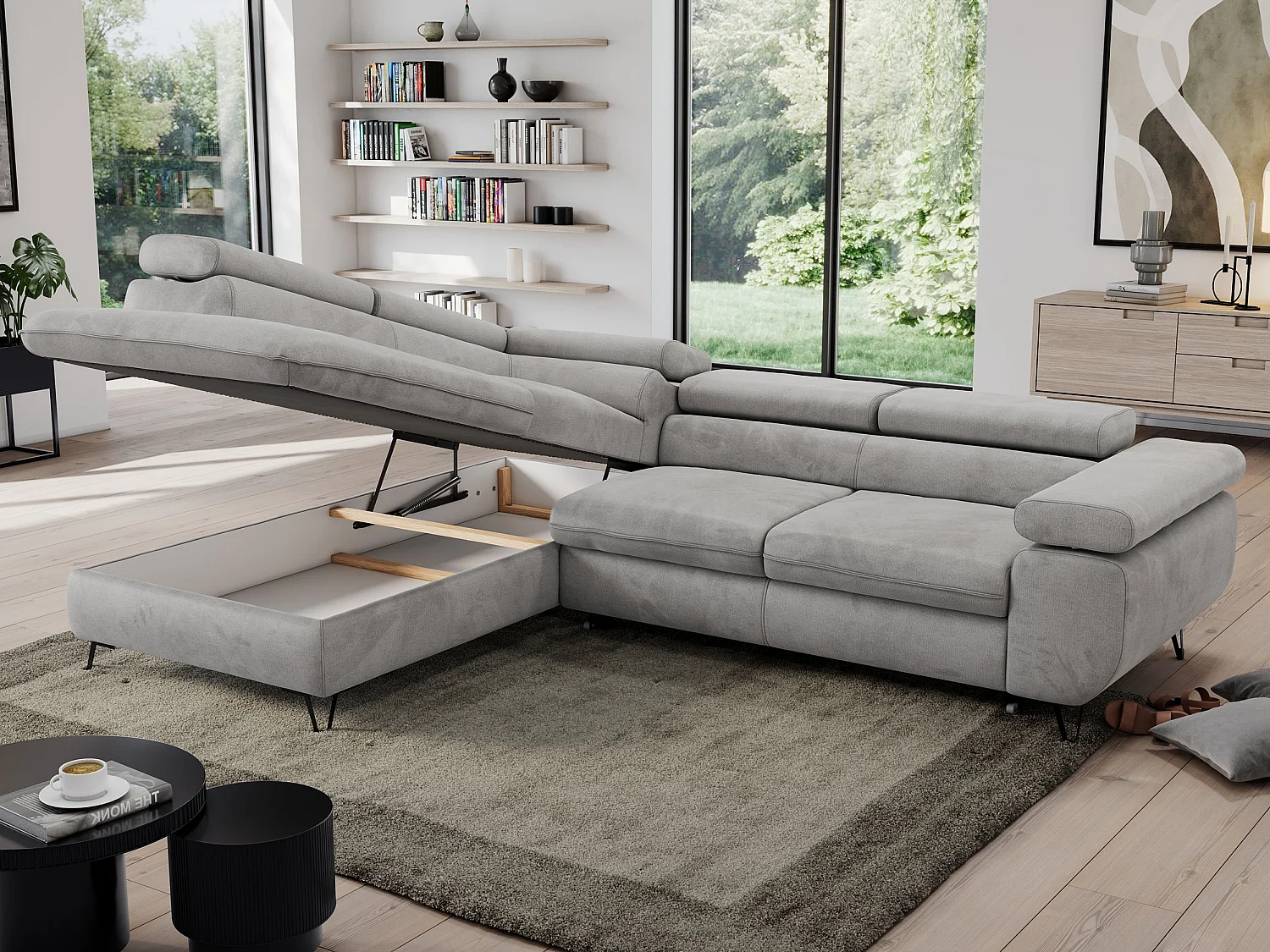 Ecksofa PEDRO - L-Form mit Schlaffunktion 200x125 cm, verstellbaren Kopfstützen - Hellgrau Velvet - Ecke Links