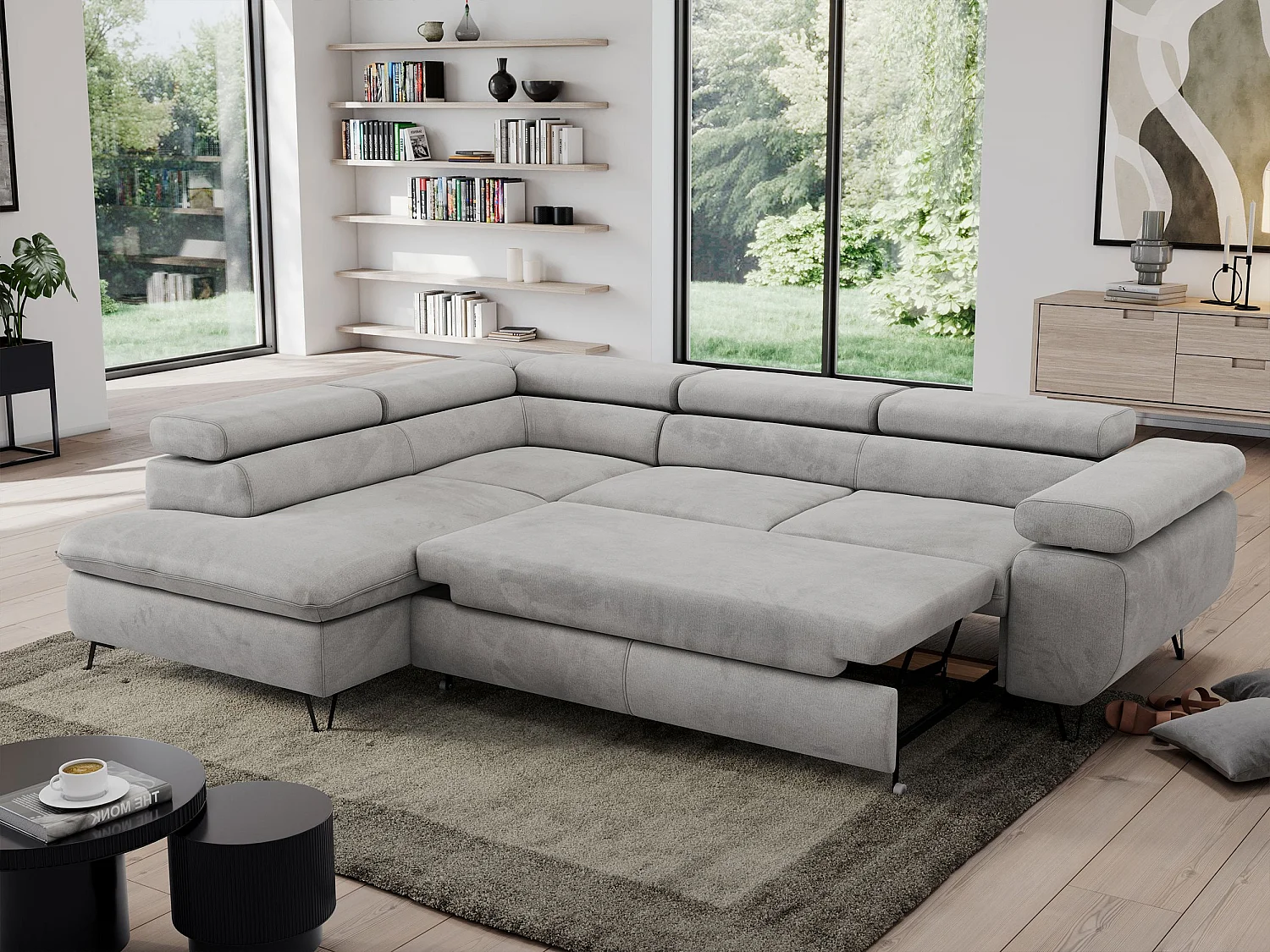 Ecksofa PEDRO - L-Form mit Schlaffunktion 200x125 cm, verstellbaren Kopfstützen - Hellgrau Velvet - Ecke Links