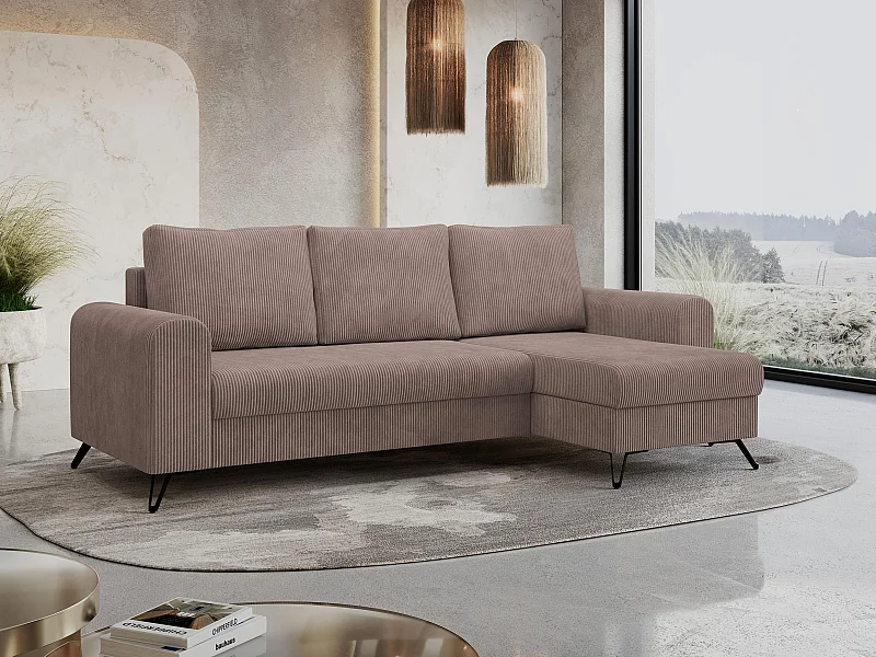 Ecksofa HUGO - L-Form mit Schlaffunktion, lose Kissen - Rosa Cord