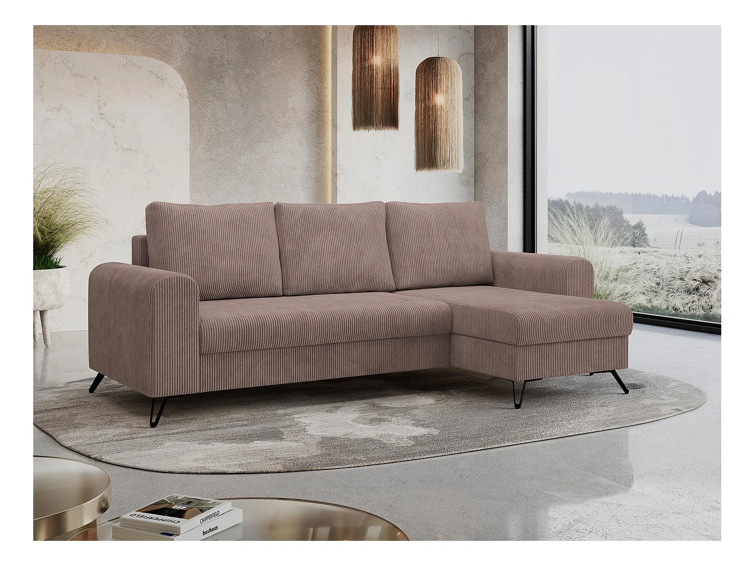 Ecksofa HUGO - L-Form mit Schlaffunktion, lose Kissen - Rosa Cord