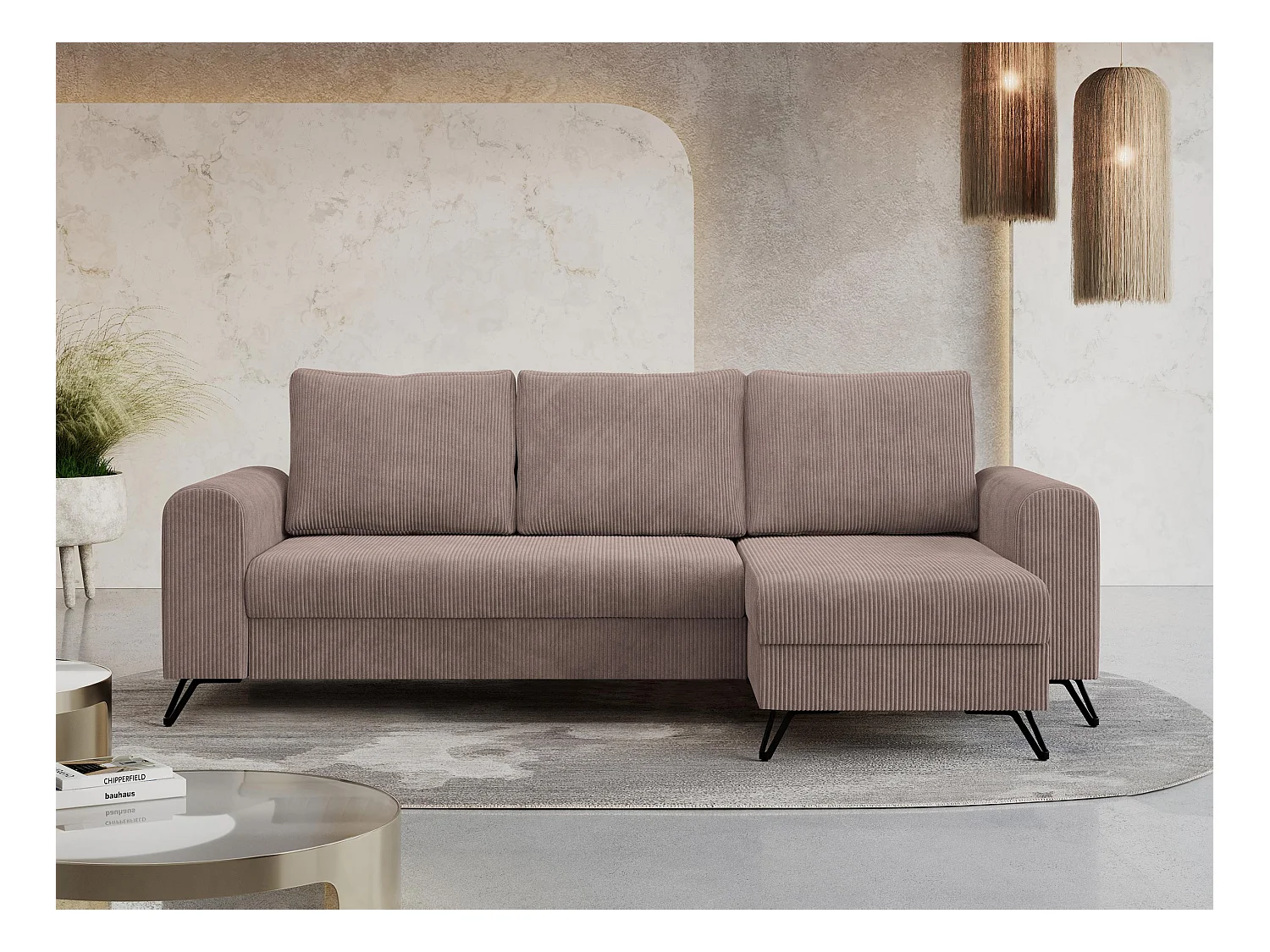 Ecksofa HUGO - L-Form mit Schlaffunktion, lose Kissen - Rosa Cord