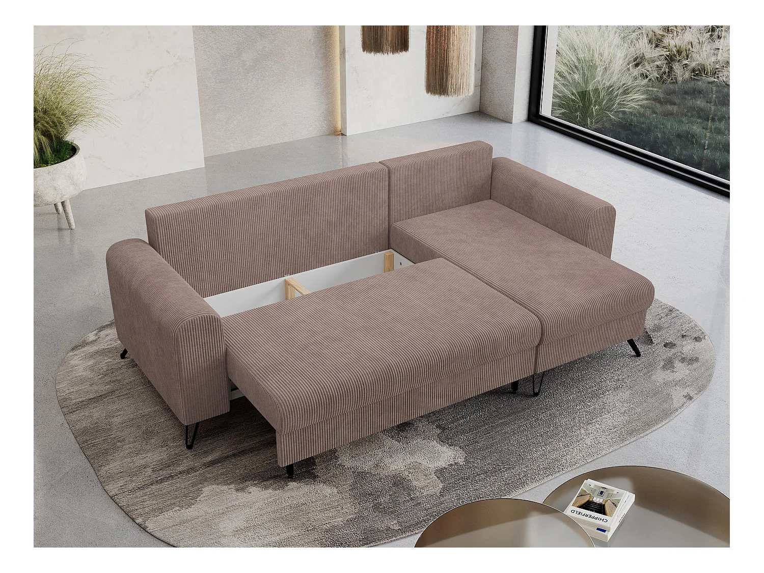 Ecksofa HUGO - L-Form mit Schlaffunktion, lose Kissen - Rosa Cord