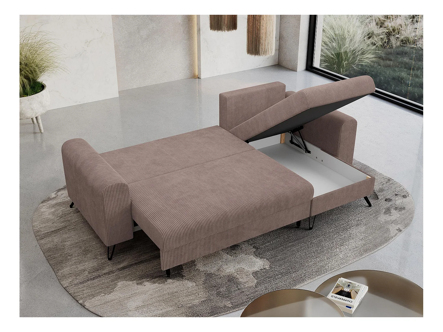 Ecksofa HUGO - L-Form mit Schlaffunktion, lose Kissen - Rosa Cord