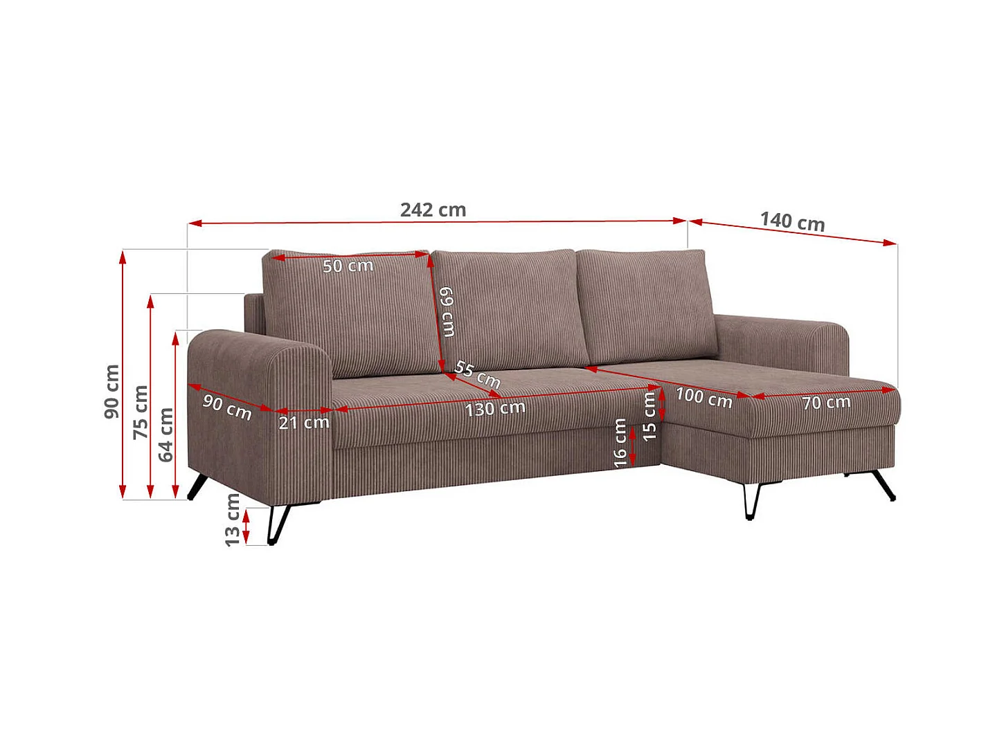 Ecksofa HUGO - L-Form mit Schlaffunktion, lose Kissen - Rosa Cord