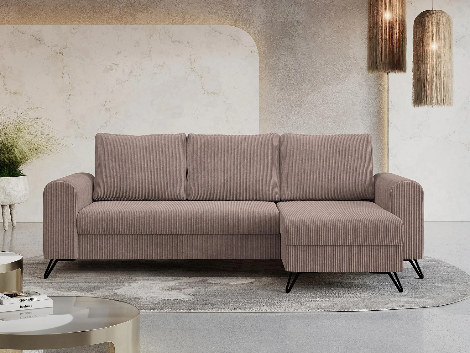 Ecksofa HUGO - L-Form mit Schlaffunktion, lose Kissen - Rosa Cord