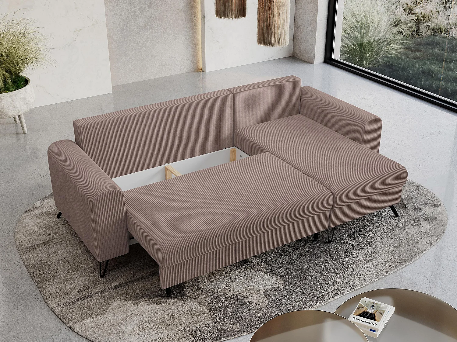 Ecksofa HUGO - L-Form mit Schlaffunktion, lose Kissen - Rosa Cord