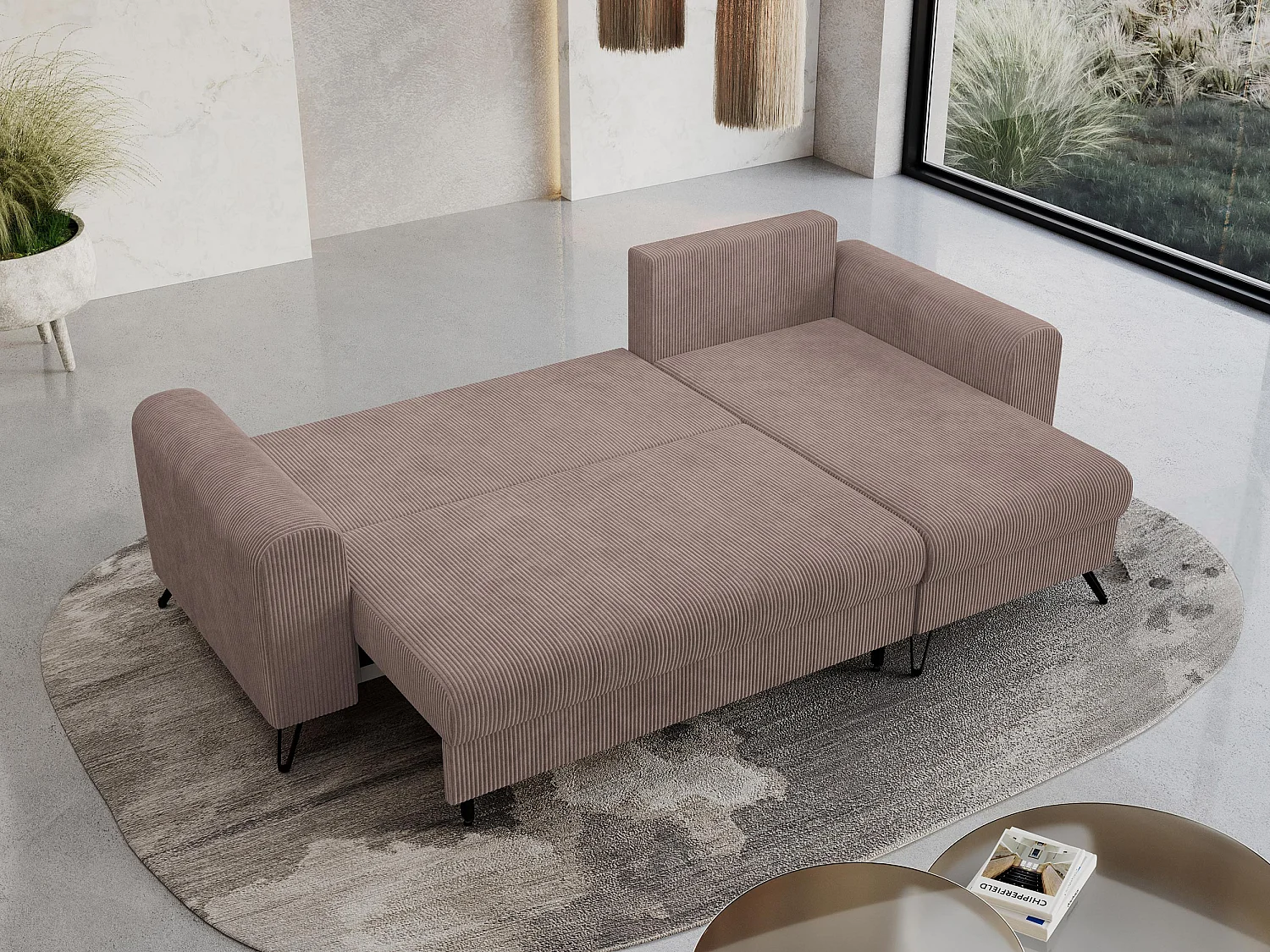 Ecksofa HUGO - L-Form mit Schlaffunktion, lose Kissen - Rosa Cord