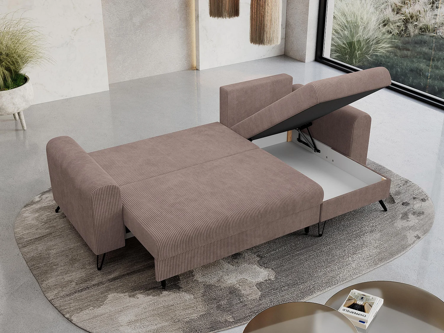Ecksofa HUGO - L-Form mit Schlaffunktion, lose Kissen - Rosa Cord