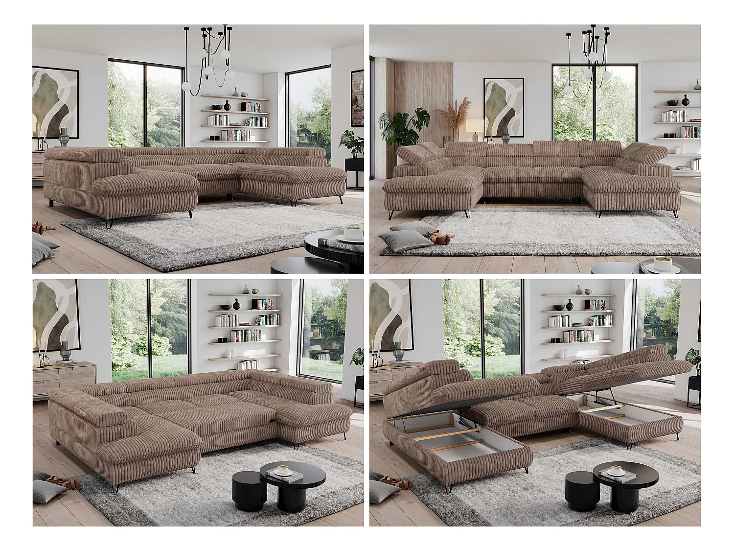 Ecksofa PEDRO U - XXL U-förmige Ecke, schlaffunktion und Bettkästen - Braun Cord