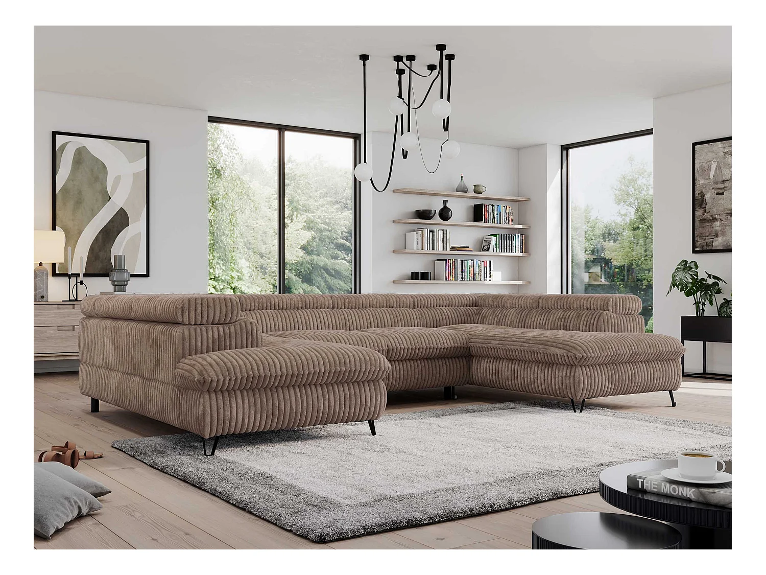 Ecksofa PEDRO U - XXL U-förmige Ecke, schlaffunktion und Bettkästen - Braun Cord