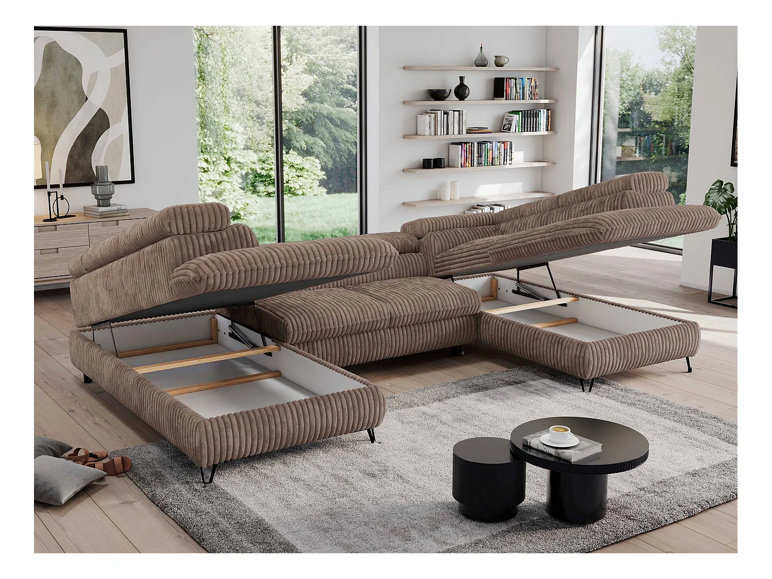 Ecksofa PEDRO U - XXL U-förmige Ecke, schlaffunktion und Bettkästen - Braun Cord