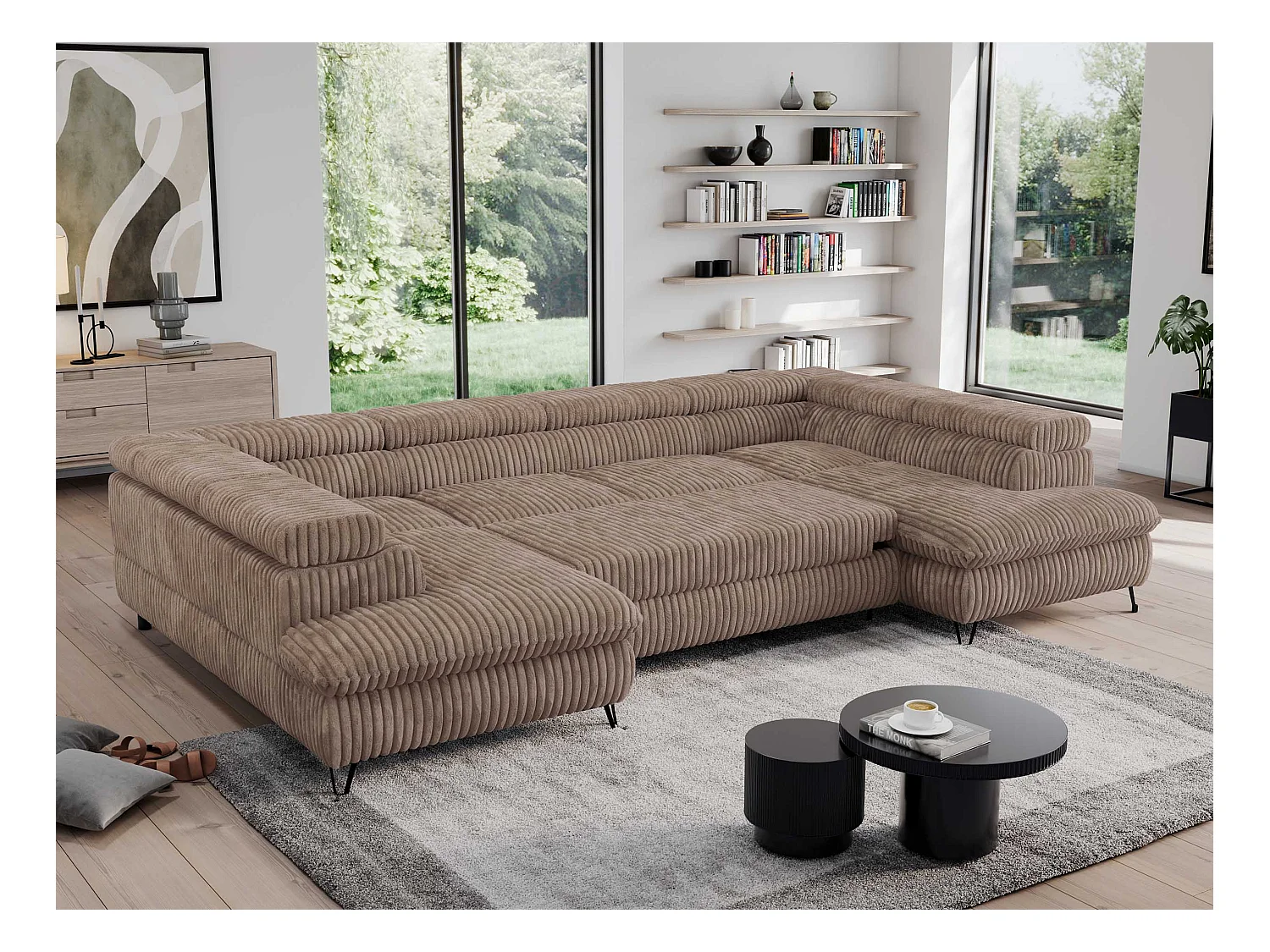 Ecksofa PEDRO U - XXL U-förmige Ecke, schlaffunktion und Bettkästen - Braun Cord