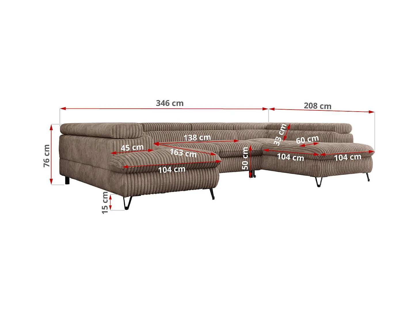 Ecksofa PEDRO U - XXL U-förmige Ecke, schlaffunktion und Bettkästen - Braun Cord
