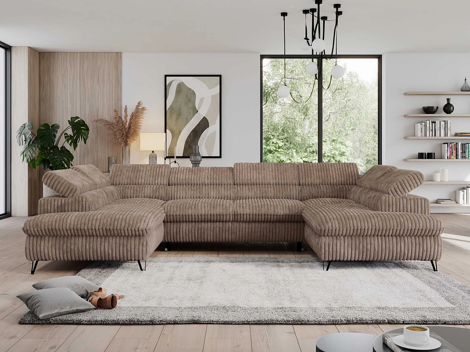 Ecksofa PEDRO U - XXL U-förmige Ecke, schlaffunktion und Bettkästen - Braun Cord