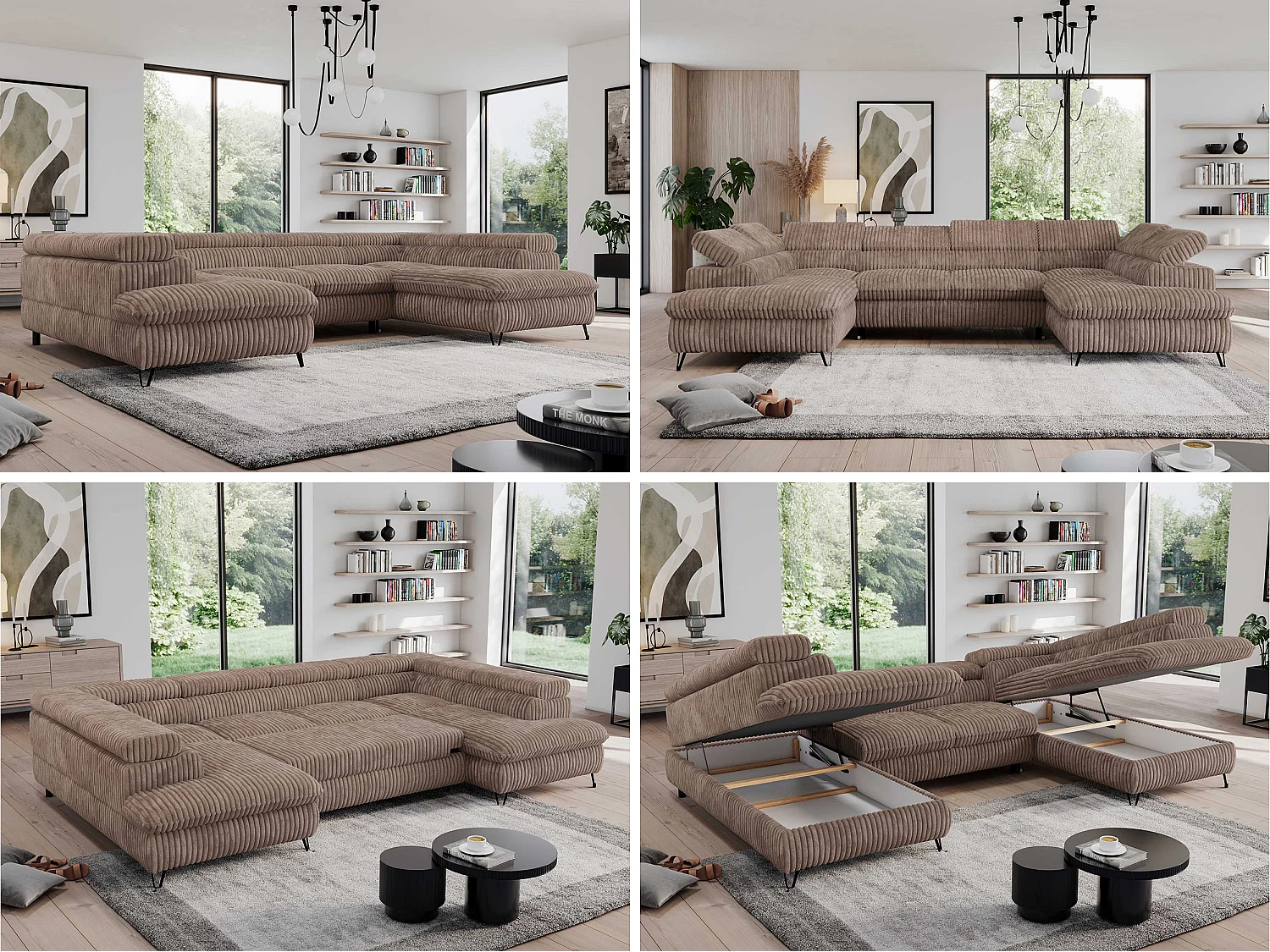 Ecksofa PEDRO U - XXL U-förmige Ecke, schlaffunktion und Bettkästen - Braun Cord