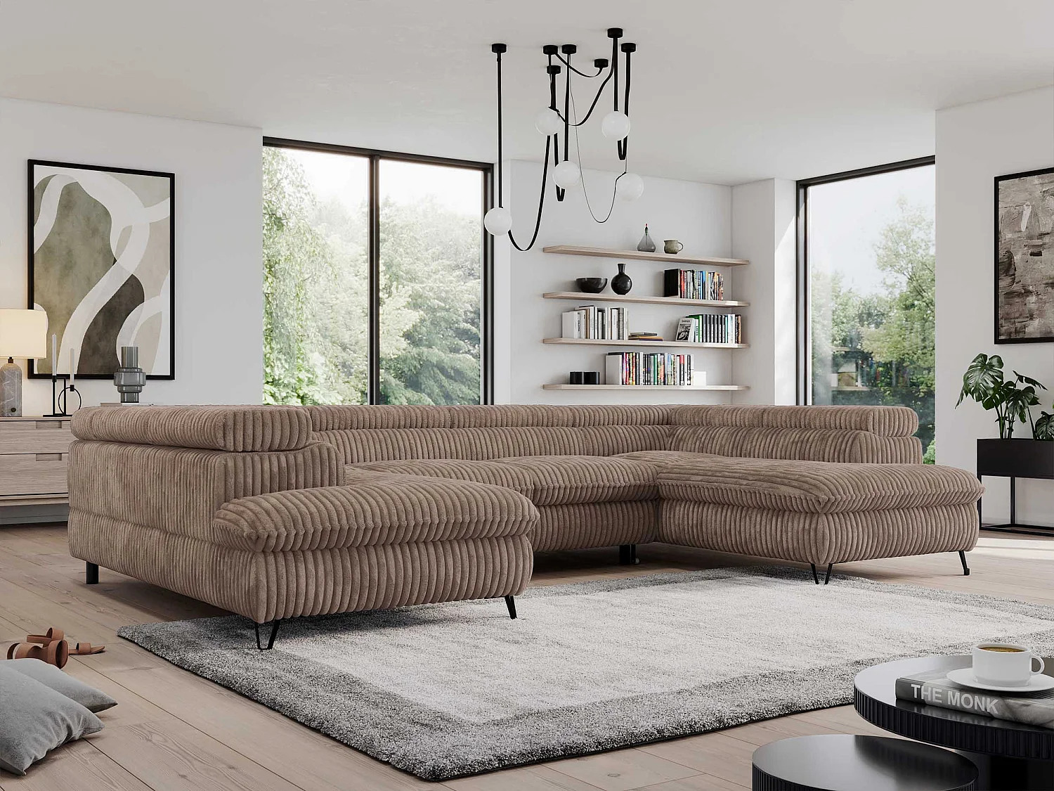 Ecksofa PEDRO U - XXL U-förmige Ecke, schlaffunktion und Bettkästen - Braun Cord