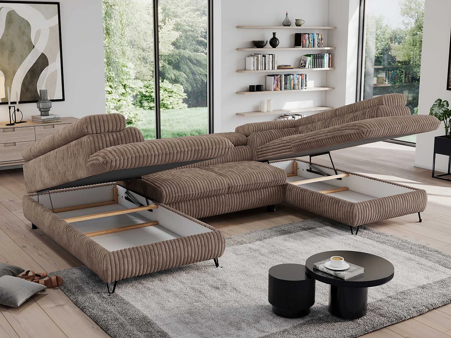 Ecksofa PEDRO U - XXL U-förmige Ecke, schlaffunktion und Bettkästen - Braun Cord