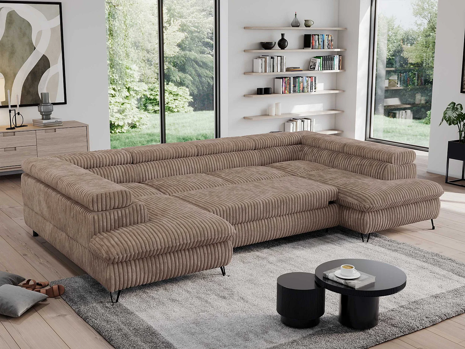 Ecksofa PEDRO U - XXL U-förmige Ecke, schlaffunktion und Bettkästen - Braun Cord