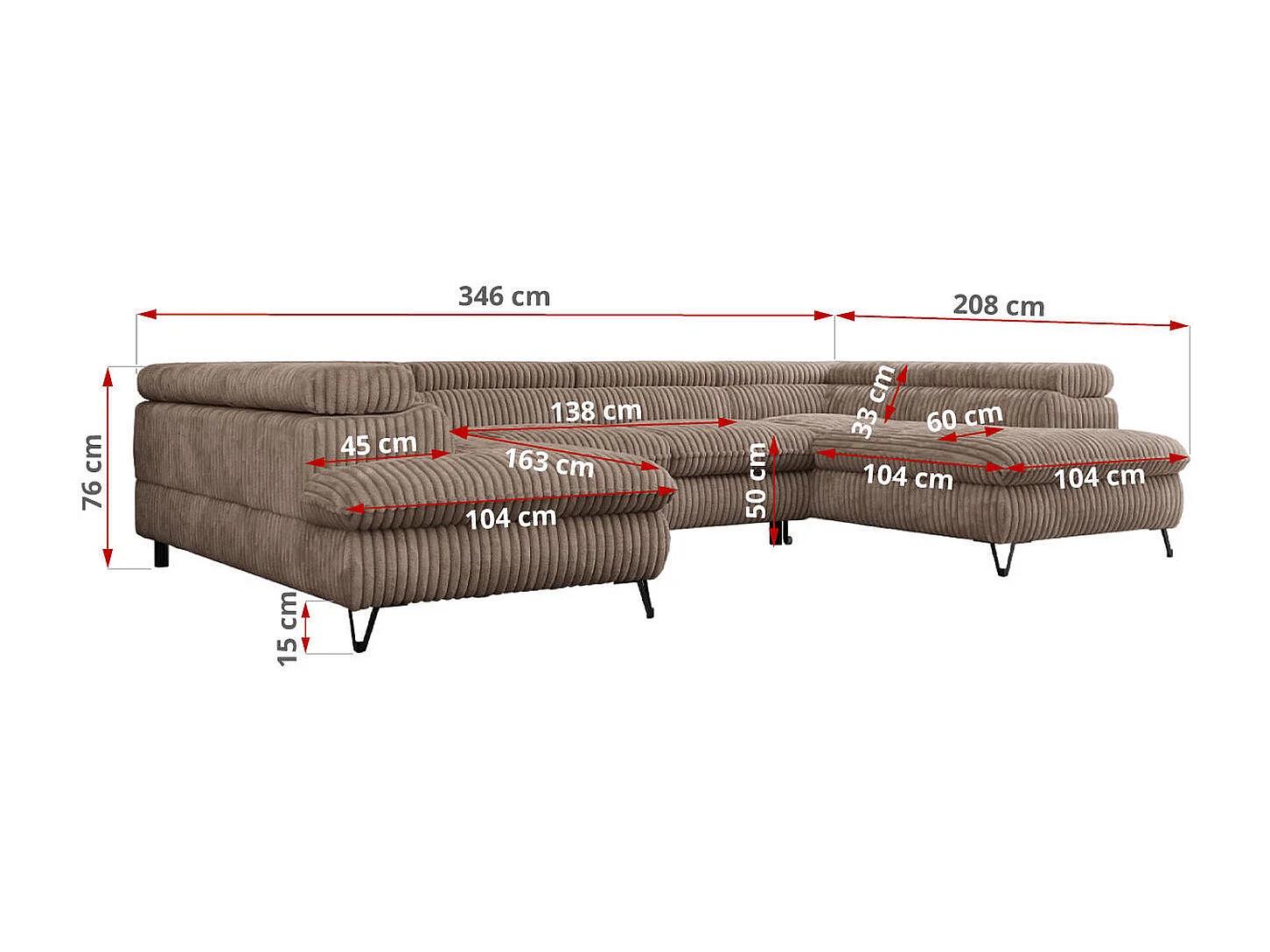 Ecksofa PEDRO U - XXL U-förmige Ecke, schlaffunktion und Bettkästen - Braun Cord