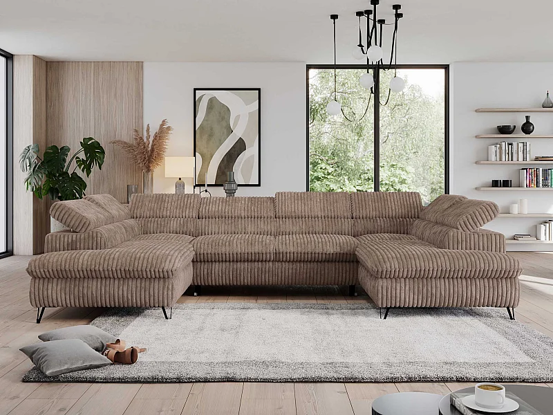 Ecksofa PEDRO U - XXL U-förmige Ecke, schlaffunktion und Bettkästen - Braun Cord