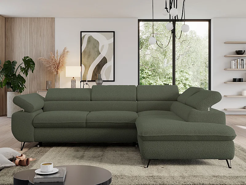 Ecksofa PEDRO - L-Form mit Schlaffunktion 200x125 cm, verstellbaren Kopfstützen - Grün Boucle - Ecke Rechts