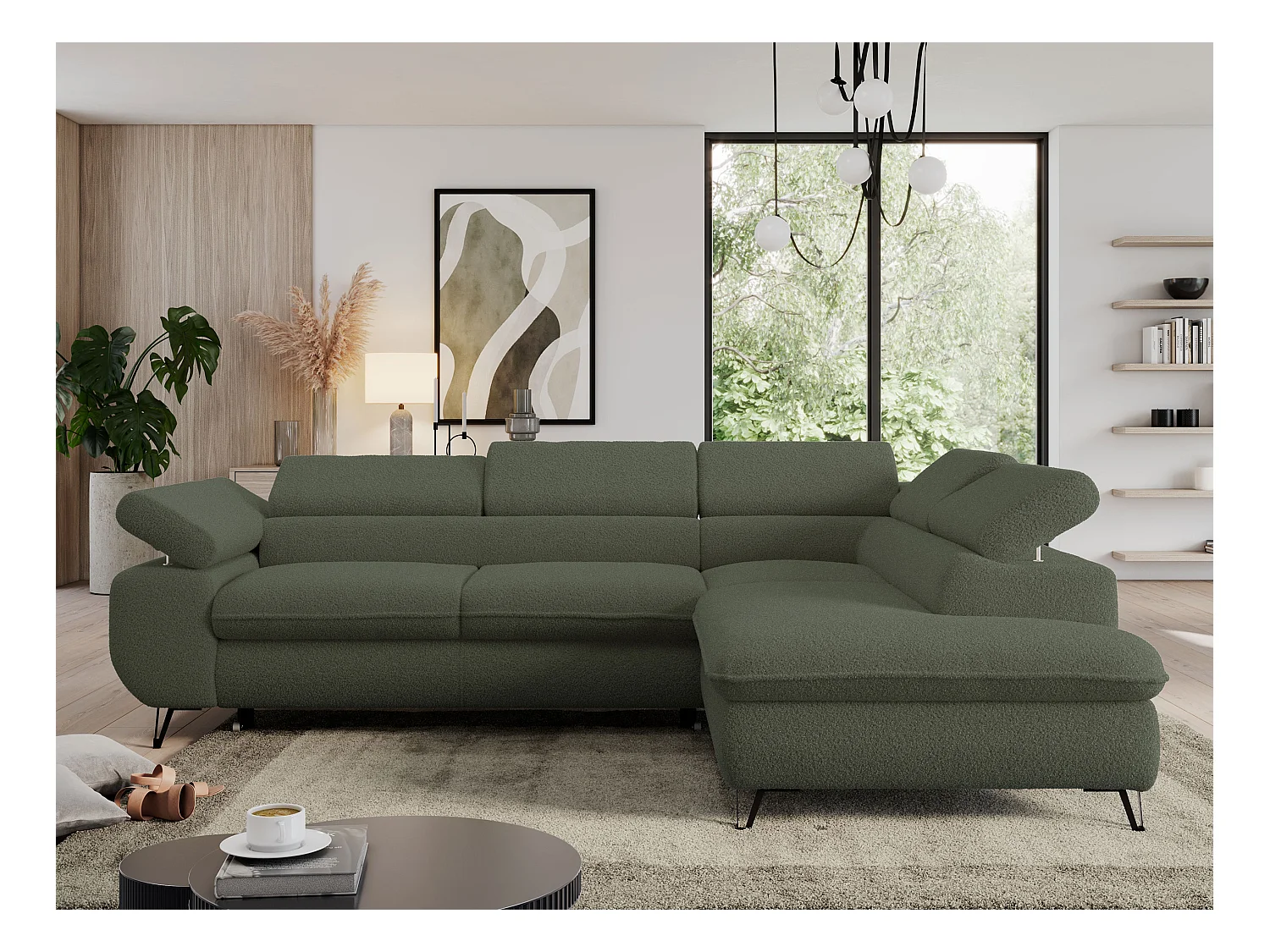 Ecksofa PEDRO - L-Form mit Schlaffunktion 200x125 cm, verstellbaren Kopfstützen - Grün Boucle - Ecke Rechts