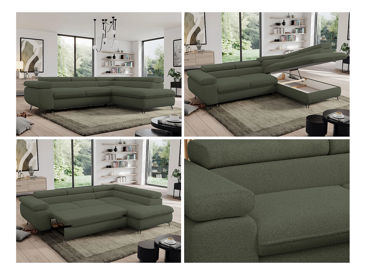 Ecksofa PEDRO - L-Form mit Schlaffunktion 200x125 cm, verstellbaren Kopfstützen - Grün Boucle - Ecke Rechts