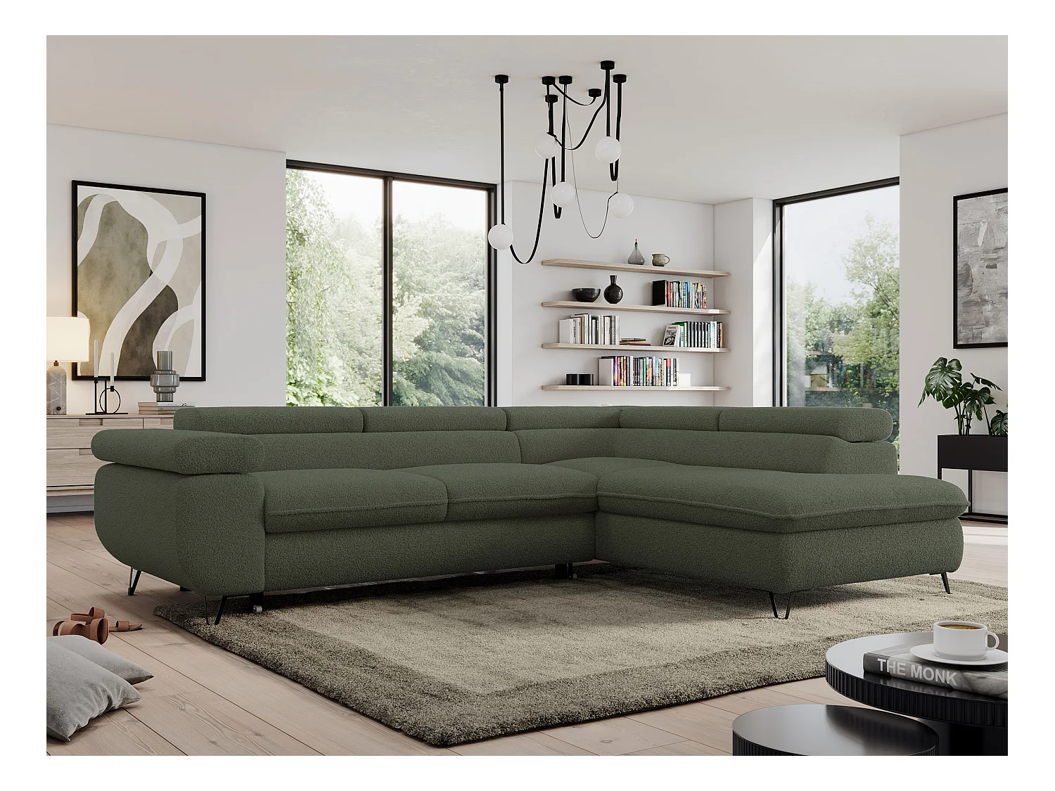 Ecksofa PEDRO - L-Form mit Schlaffunktion 200x125 cm, verstellbaren Kopfstützen - Grün Boucle - Ecke Rechts