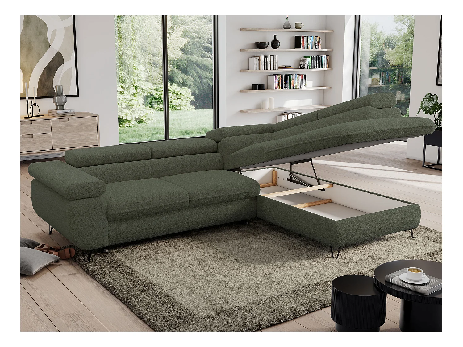 Ecksofa PEDRO - L-Form mit Schlaffunktion 200x125 cm, verstellbaren Kopfstützen - Grün Boucle - Ecke Rechts