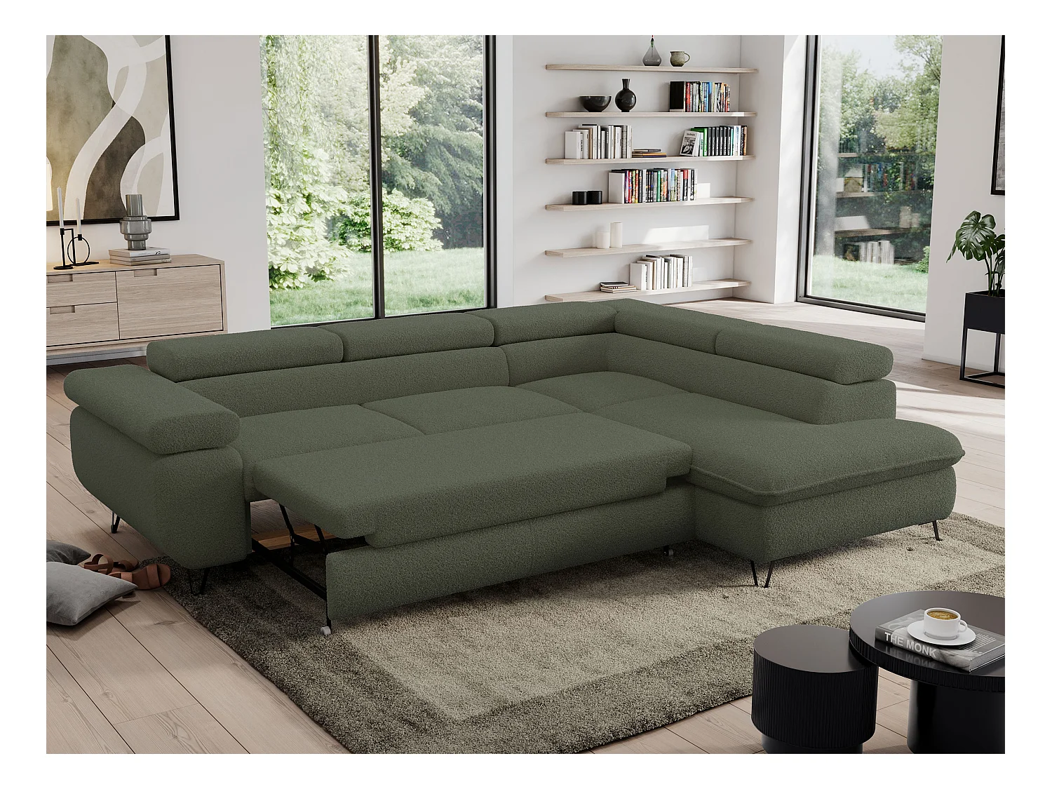 Ecksofa PEDRO - L-Form mit Schlaffunktion 200x125 cm, verstellbaren Kopfstützen - Grün Boucle - Ecke Rechts