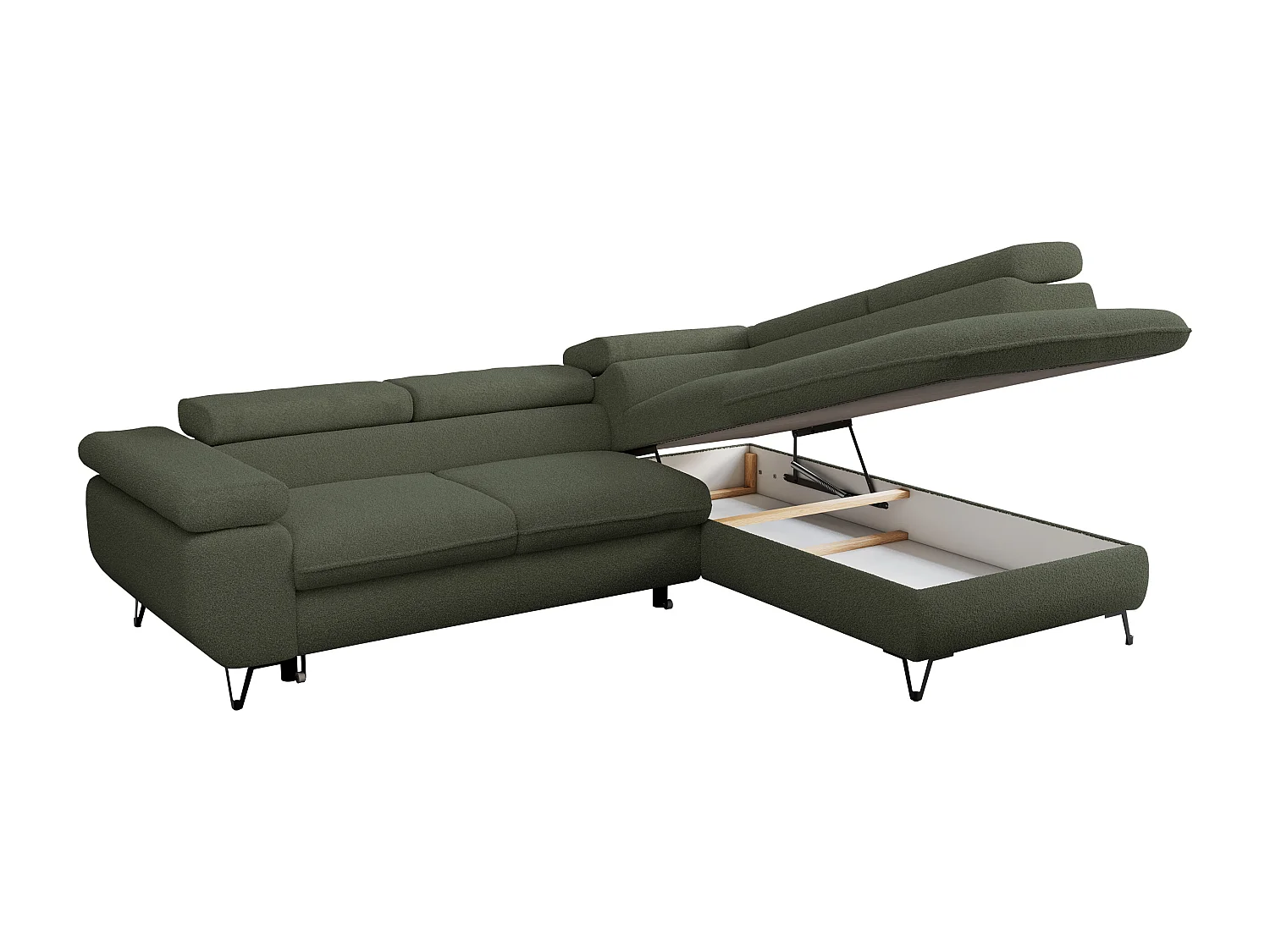 Ecksofa PEDRO - L-Form mit Schlaffunktion 200x125 cm, verstellbaren Kopfstützen - Grün Boucle - Ecke Rechts
